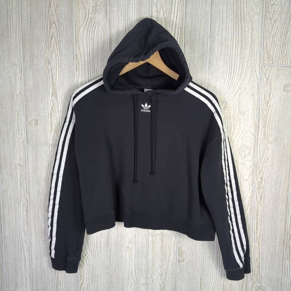 Adidas Womens Medium Cropped Pullover Hoodie Sweatshirt Black White Stripes
